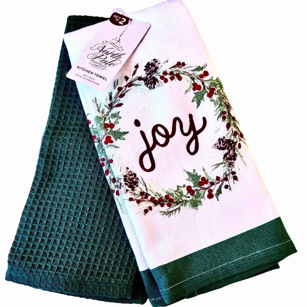 Christmas Cotton Kitchen Towel 2 Pack Green & White Holly JOY by North Pole NEW